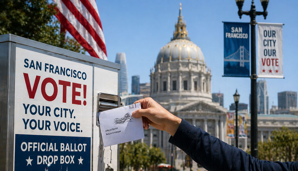 San Francisco voter placing ballot in official drop box with City Hall in background during local election