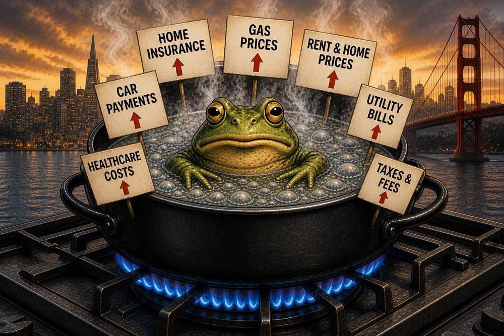 Editorial illustration of a frog in a boiling pot labeled Californians, surrounded by rising cost signs for gas, rent, insurance, healthcare, utilities and taxes.