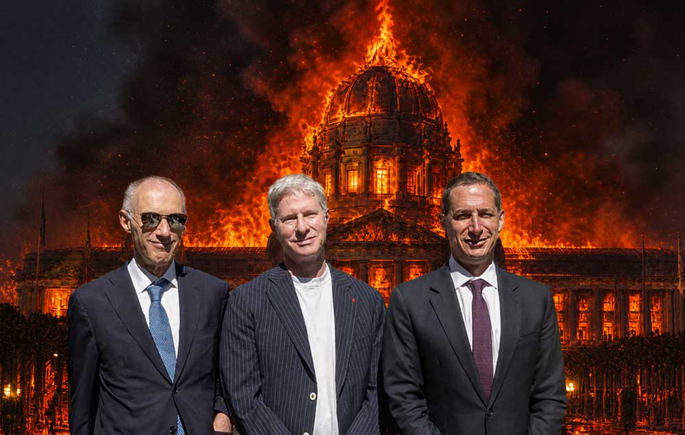 San Francisco City Hall in flames behind three political power brokers