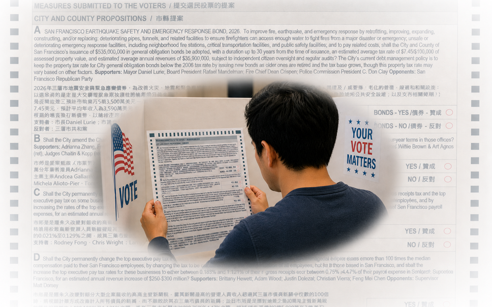 A voter scrutinizes propositions on a ballot